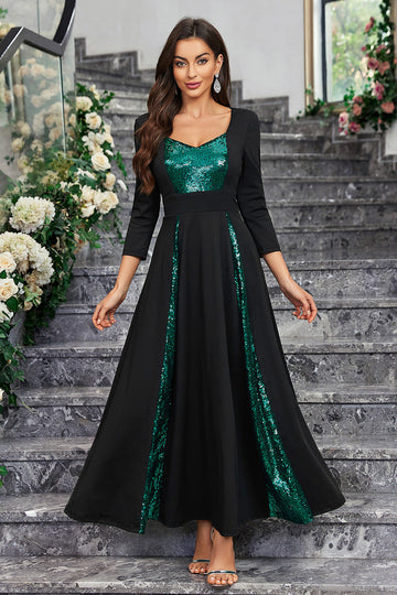 Sparkly Black Green Sequined A Line Ball Dress With Long Sleeves